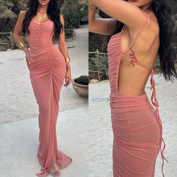 Michael Costello x REVOLVE Follie Maxi Pink Dress Gown Mesh Halter Size XS - Picture 1 of 16